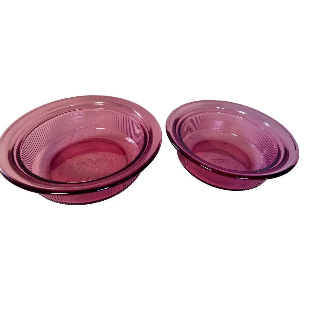 2 Vintage PYREX Cranberry VISIONS Ribbed Casserole Dish 1Qt (V31B) & 24 Oz(V30B)